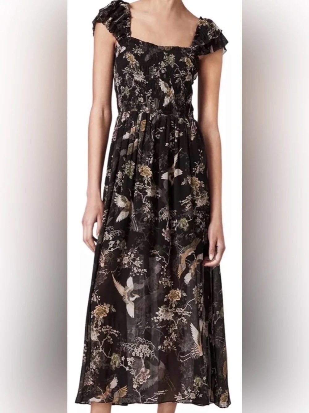 Mali Amare Floral Bird Print Black Midi Dress